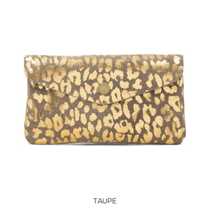 Purse Taupe Large Suede Leather Button Purse Leopard Foil