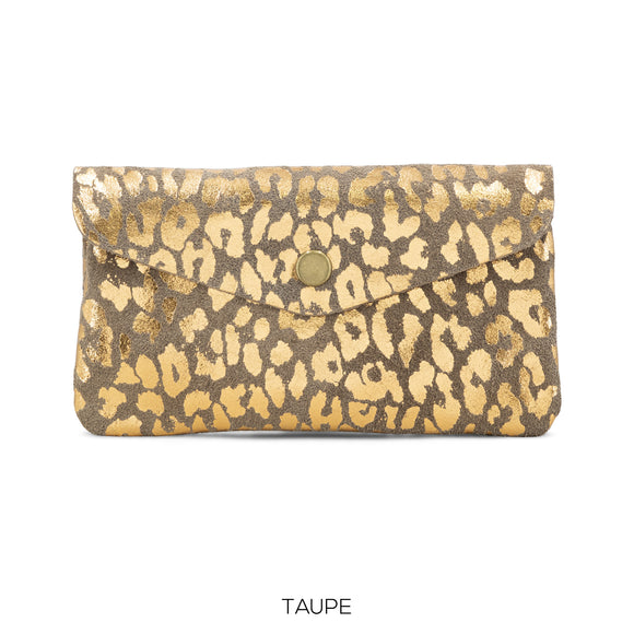 Purse Taupe Large Suede Leather Button Purse Leopard Foil