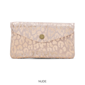 Purse Pink Large Suede Leather Button Purse Leopard Foil