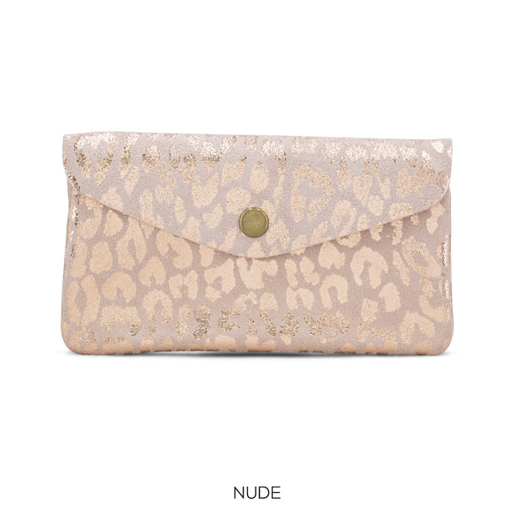 Purse Pink Large Suede Leather Button Purse Leopard Foil