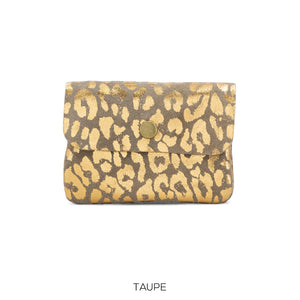 Purse Taupe Suede Leather Button Purse Leopard Foil
