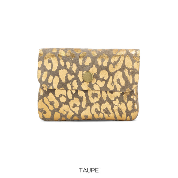 Purse Taupe Suede Leather Button Purse Leopard Foil