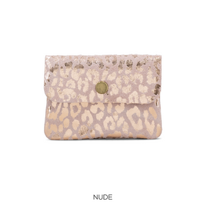 Purse Pink Suede Leather Button Purse Leopard Foil