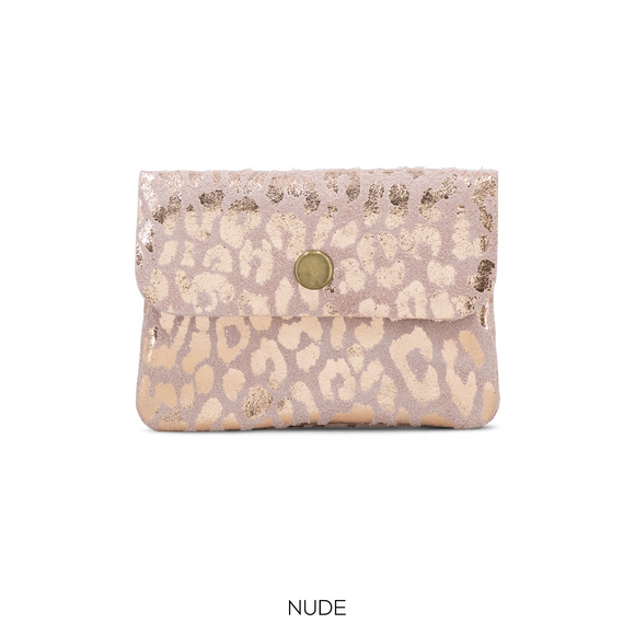 Purse Pink Suede Leather Button Purse Leopard Foil