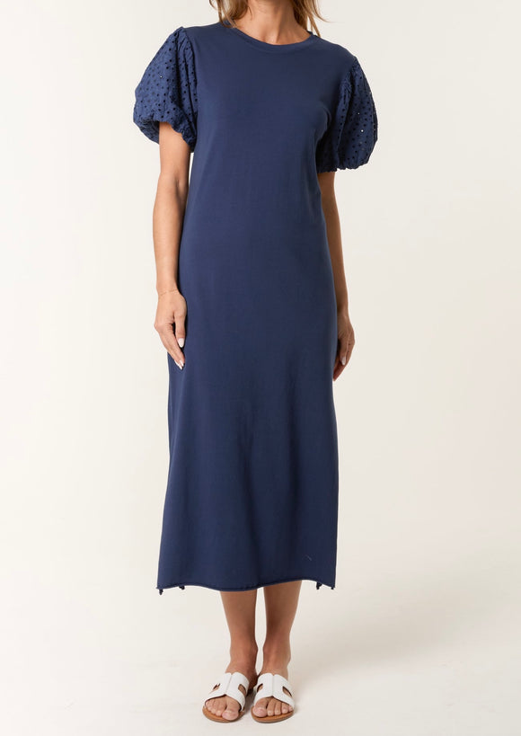 Navy BRODERIE ANGLAISE PUFF SLEEVE MIDI DRESS
