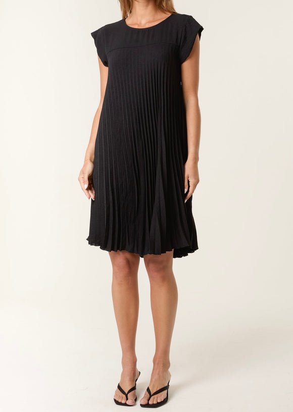 Black CAP SLEEVE PLEATED MINI DRESS