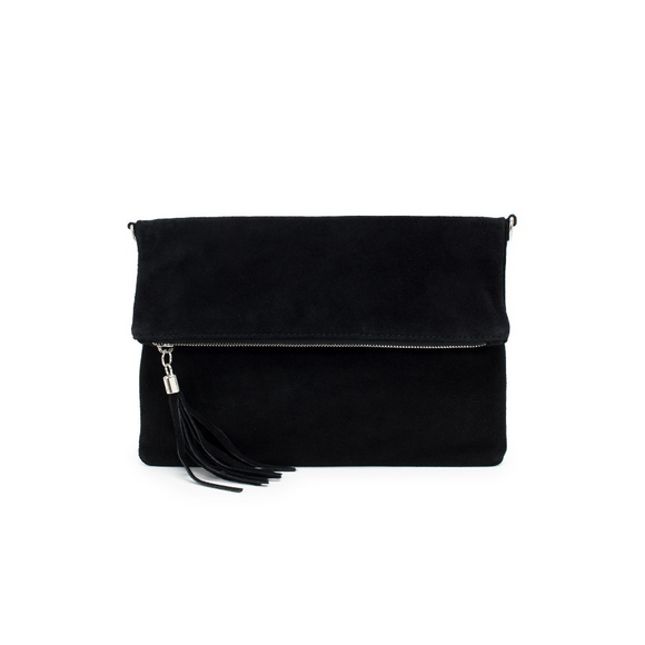 Bag Black Foldover Plain Suede Leather Clutch