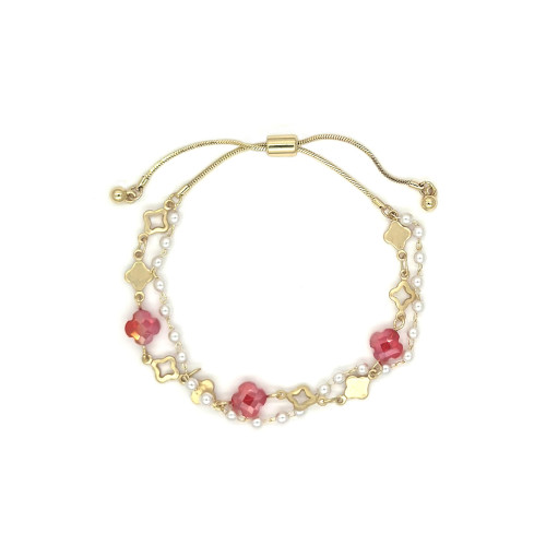 Bracelet Red Clover Shape Glass Stone And Pearl Chains Adjustable Bracelet