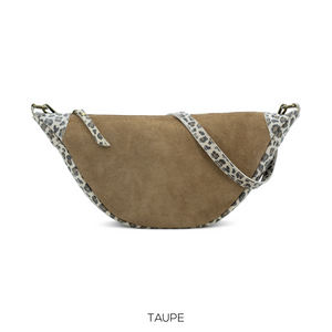 Bag Taupe Suede Leather Round Shoulder Bag with Leopard Print