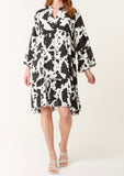 Black COW PRINT OPEN COLLAR TIERED DRESS