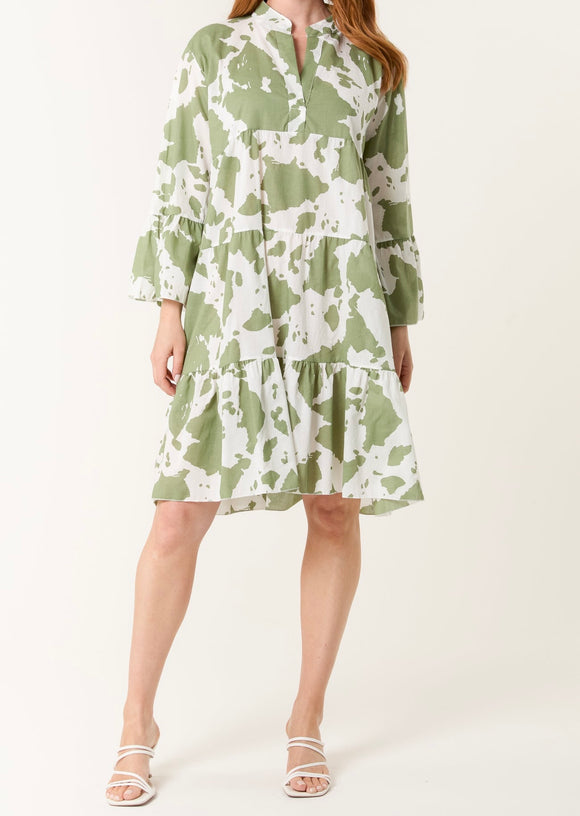 Khaki COW PRINT OPEN COLLAR TIERED DRESS