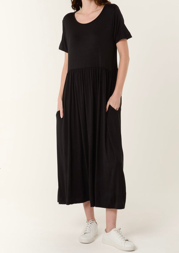 Black ROUND NECK STRETCH TIERED MIDI DRESS