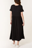 Black ROUND NECK STRETCH TIERED MIDI DRESS