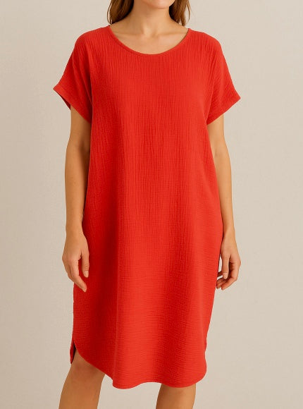 Coral Cheesecloth Shift Dress