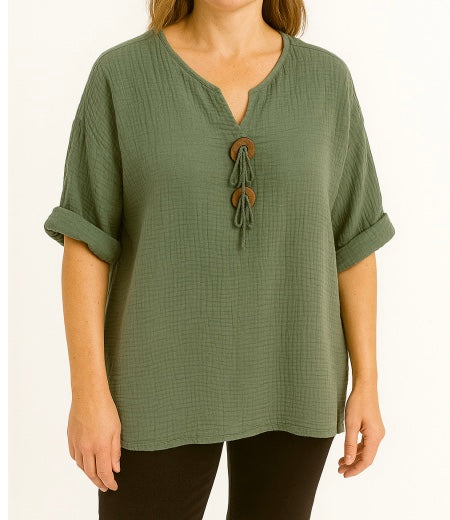 Khaki Cheesecloth 2 Button Top