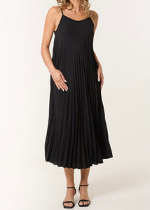 Black PLEATED CAMI STRAP MIDI DRESS