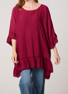Wine CRINKLE FRILL HEM FLOATY BLOUSE