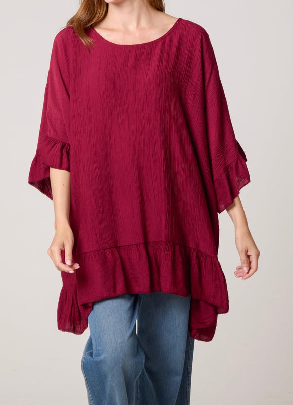 Wine CRINKLE FRILL HEM FLOATY BLOUSE