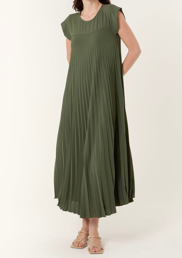 Khaki CAP SLEEVE PLEATED MAXI DRESS