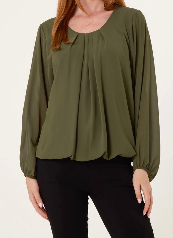 Khaki SCOOP NECK BUBBLE HEM BLOUSE