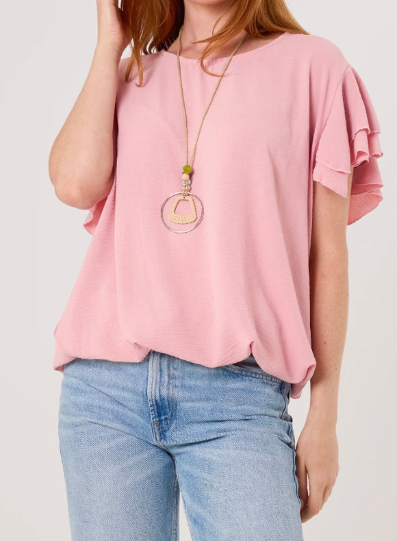 Pink RUFFLE SLEEVE BUBBLE HEM BLOUSE