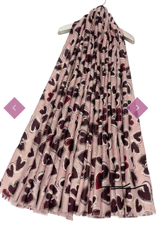 Scarf Scattered Love Heart Print Foiled Frayed Scarf