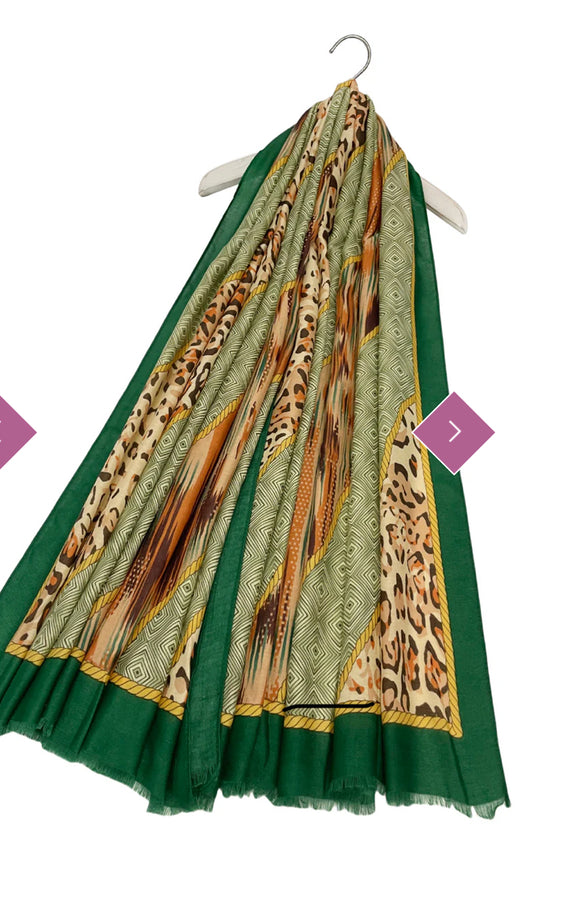Scarf Green Leopard And Aztec Stripe Frayed Scarf
