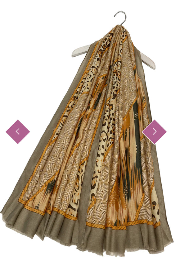 Scarf Beige Leopard And Aztec Stripe Frayed Scarf