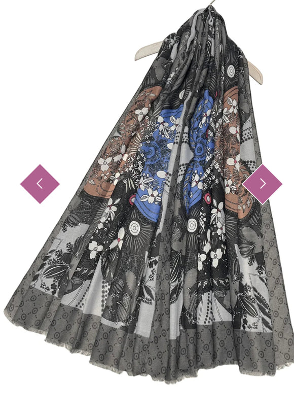 Scarf Grey Floral Printed Shamrock Frayed Scarf