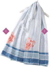 Scarf Blue Simple Rose Print Silk Scarf