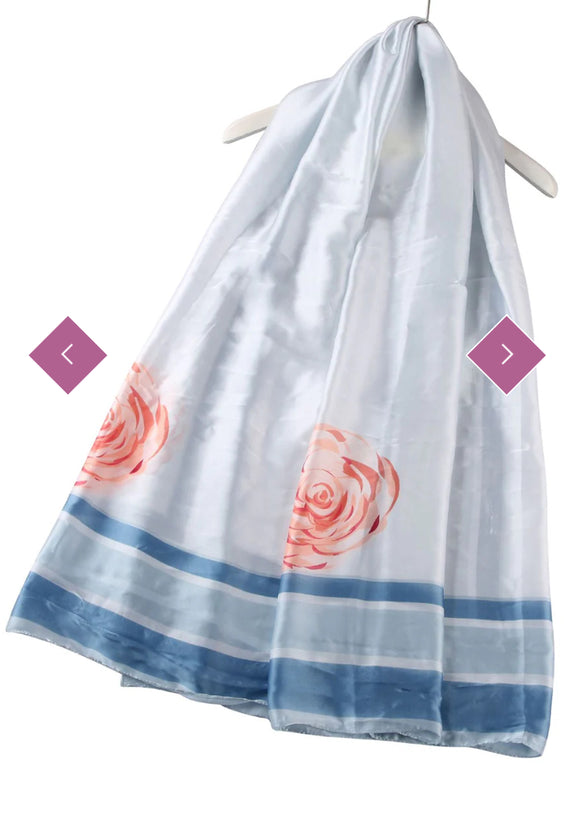 Scarf Blue Simple Rose Print Silk Scarf