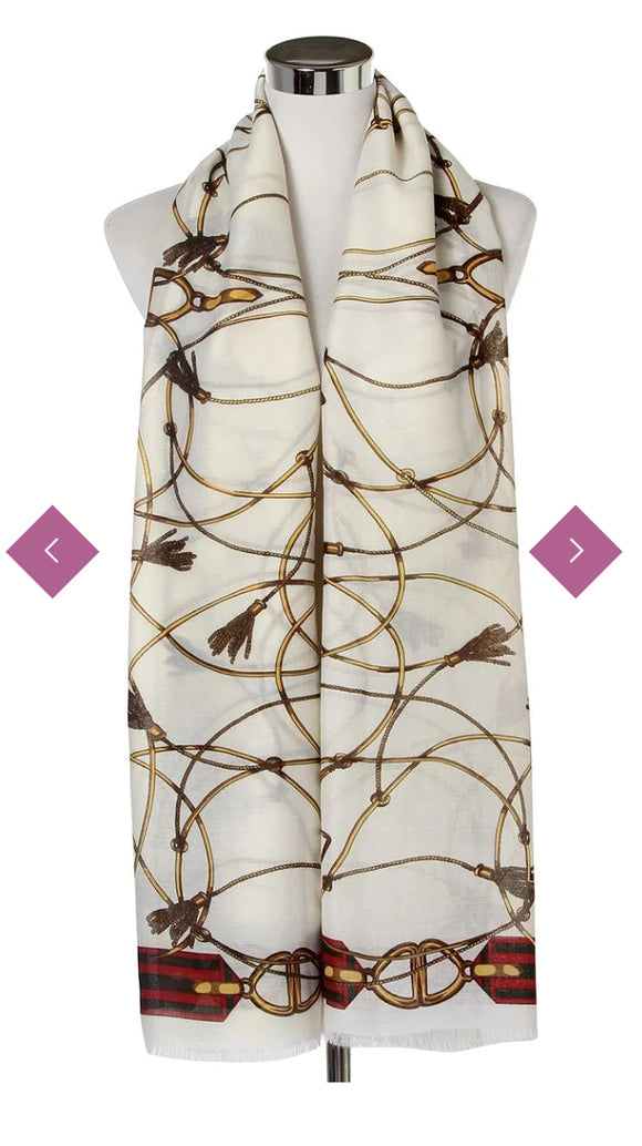 Scarf White Buckle & tassel Print Frayed Scarf