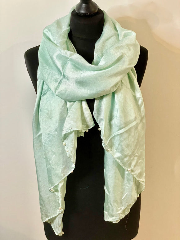 Scarf Plain Sheen Silk Scarf Beaded Mint
