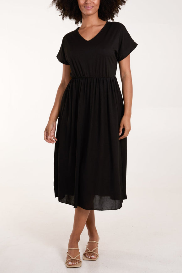 Black ELASTICATED WAIST V-NECK POCKET DRESS