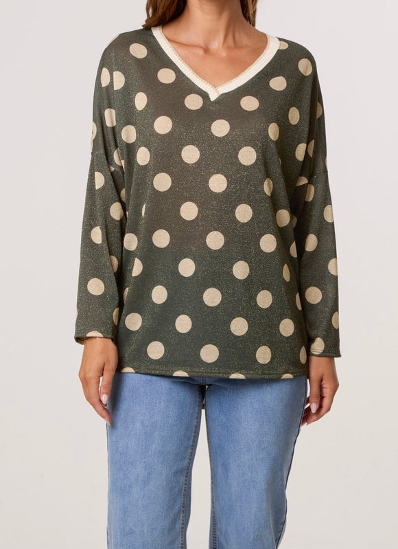 Khaki POLKA DOT LUREX FINE KNIT JUMPER