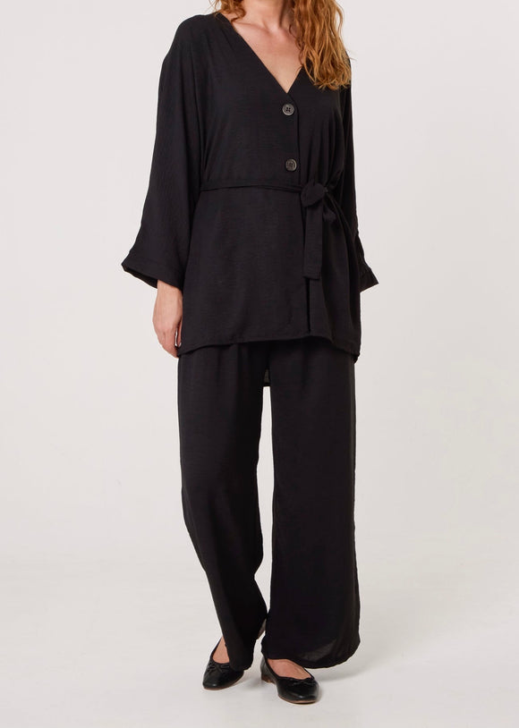 Black BELTED BLOUSE & WIDE LEG TROUSER SET