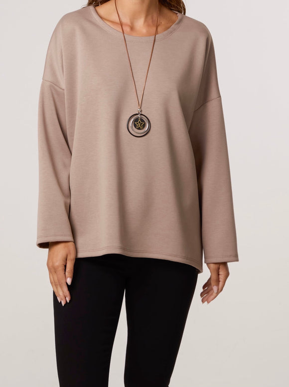 Beige Necklace Soft Touch Plain Sweatshirt