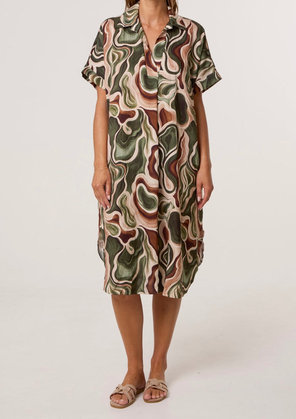 Khaki Swirl Collar Pockets MIDI Dress