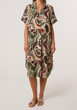 Khaki Swirl Collar Pockets MIDI Dress