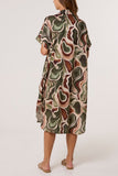 Khaki Swirl Collar Pockets MIDI Dress