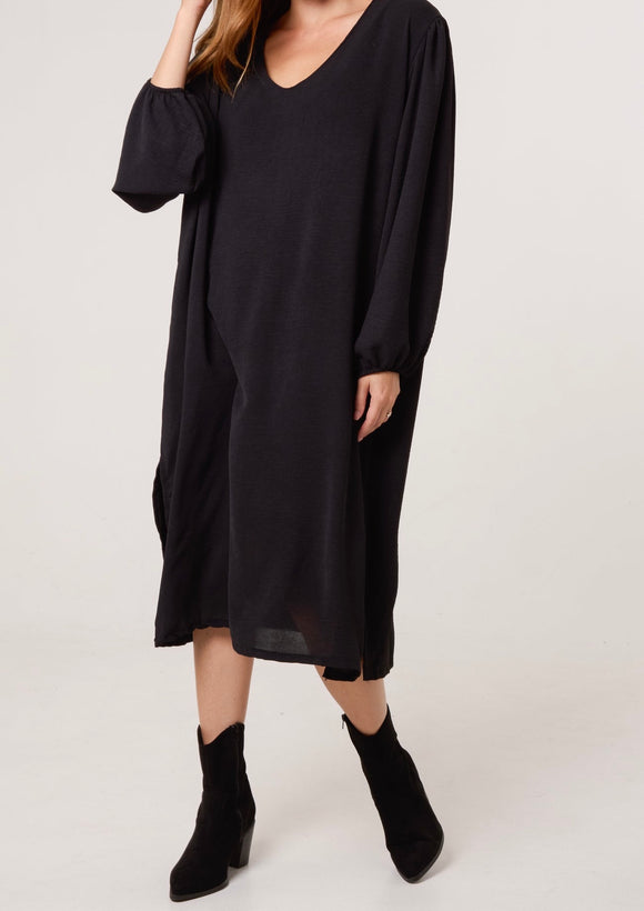 Black V Neck Puffball Sleeve MIDI Dress