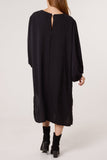 Black V Neck Puffball Sleeve MIDI Dress