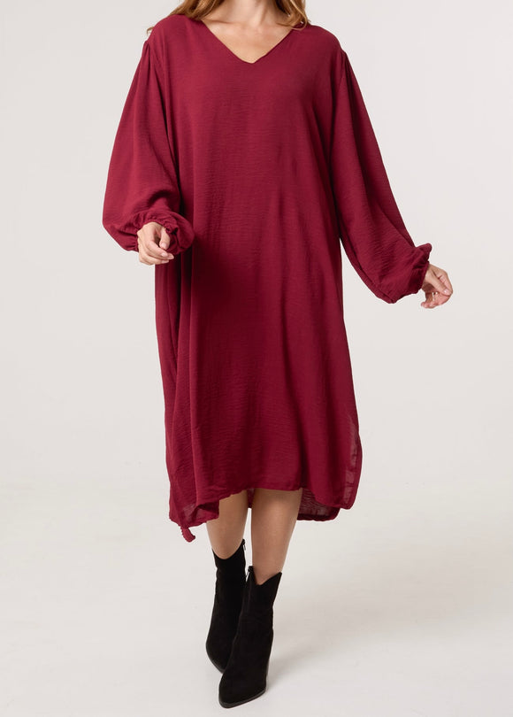 Wine V Neck Puffball Sleeve MIDI Dress