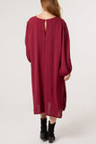 Wine V Neck Puffball Sleeve MIDI Dress