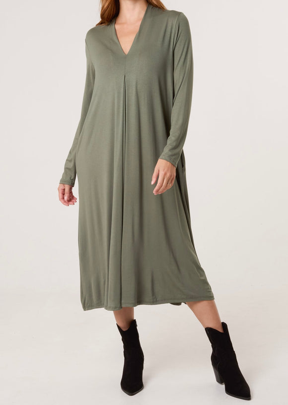 Khaki V Neck Long Sleeve MIDI Dress
