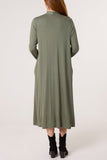 Khaki V Neck Long Sleeve MIDI Dress
