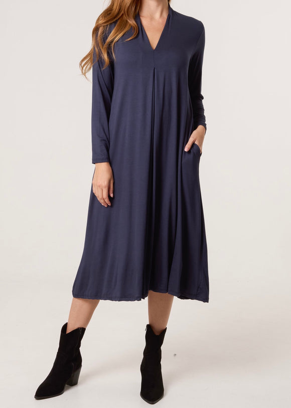 Navy Jersey V Neck Long Sleeve MIDI Dress