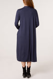 Navy Jersey V Neck Long Sleeve MIDI Dress
