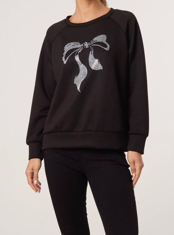 Black DIAMANTE BOW ROUND NECK SWEATSHIRT