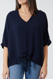 Navy V-NECK CENTRE FRONT TIE HEM BLOUSE